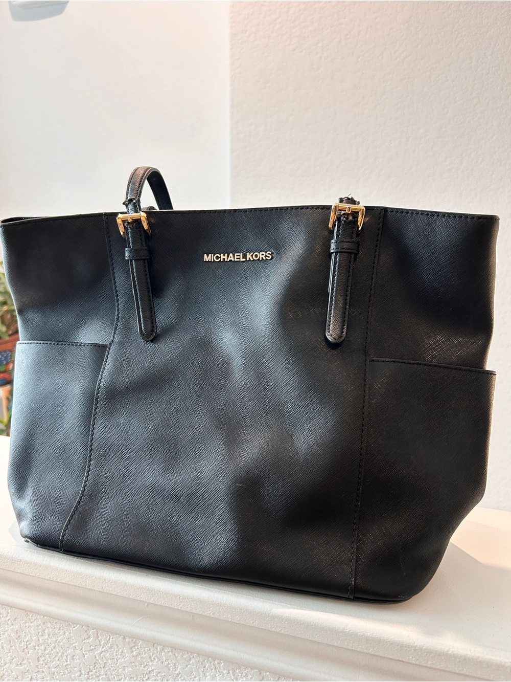 Michael Kors Black Leather Saffiano Tote with Gold Hardware